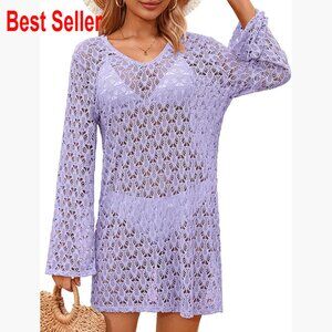 Polyester Spandex Crochet Swimsuit Coverup V Neck Beach Dress